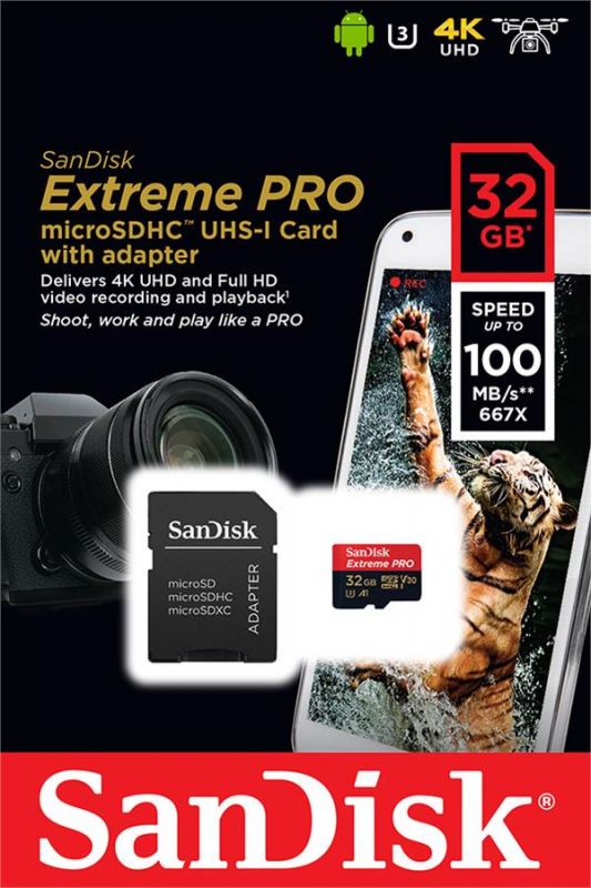 Карта пам'яті SanDisk microSD   32GB C10 UHS-I U3 R100/W90MB/s Extreme Pro V30 + SD