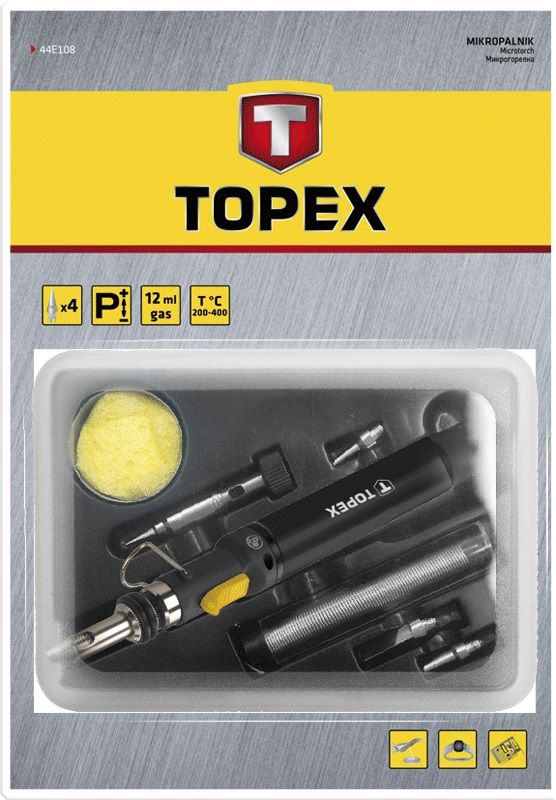 Паяльник газовий TOPEX, мікрогорілка, 4 насадки, об'єм ємності для газу 12 мл, 400°C, регулювання полум'я, блокування кнопки