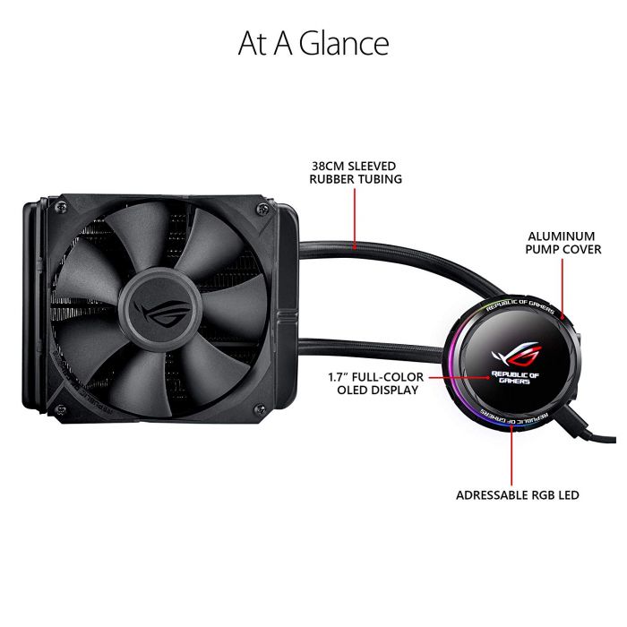Система рідинного охолодження ASUS ROG-RYUO-120 Intel: LGA 115x,1366, 2011, 2011-3, 2066;AMD: AM4, TR4* OLED-дисплей