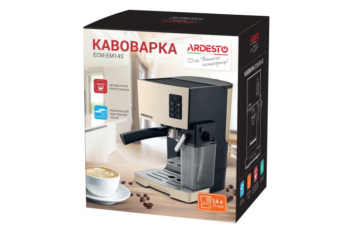 Кавоварка Ardesto ECM-EM14S - 1450Вт/ріжкова/ механіка+електроніка/ резервуар 1,4л/чорний+крем