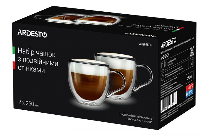 Набір чашок з ручками Ardesto з подвійними стінками, 250 мл, H 8,2 см, 2 од., боросилікатне скло