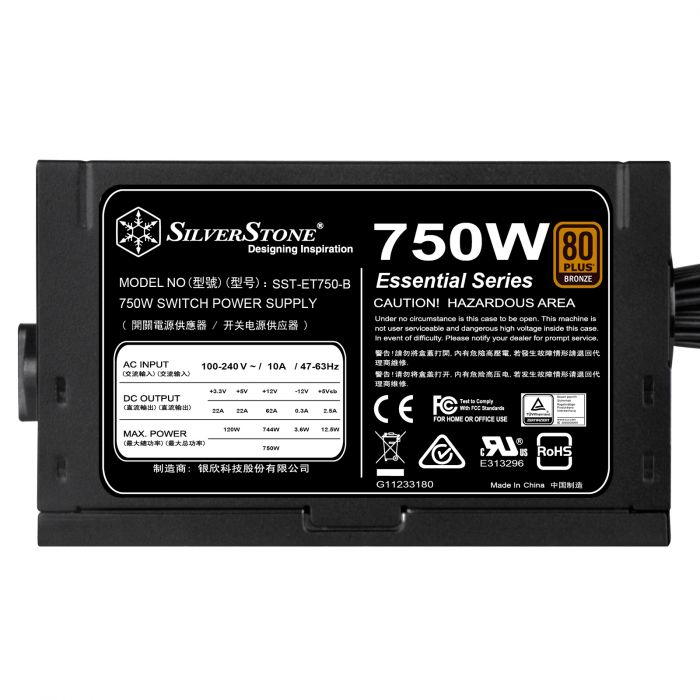 Блок живлення SilverStone STRIDER ET750-B V1.1 (750W), 80+Bronze, aPFC,12см,24+8,6xSATA,4xPCIe,1xFDD,+3