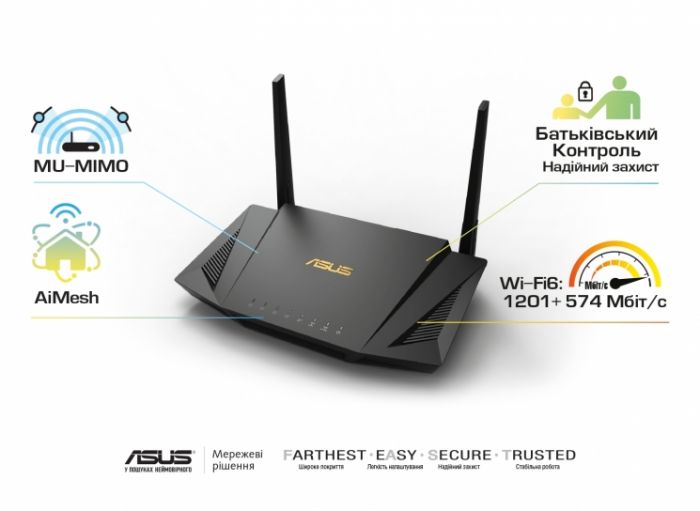 Маршрутизатор ASUS RT-AX56U AX1800 4xGE LAN 1xGE WAN 1xUSB3.1 1xUSB2.0 MU-MIMO OFDMA MESH