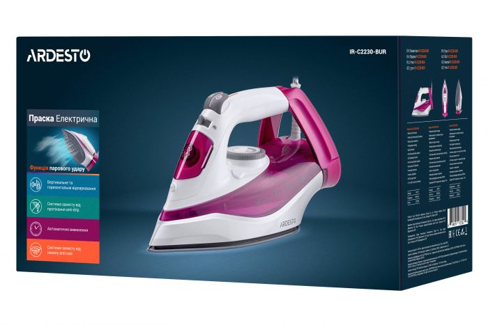 Праска Ardesto IR-C2230-BUR / 2200Вт /300мл/пар/самоочищення /антикапля /керам.под /малиновий