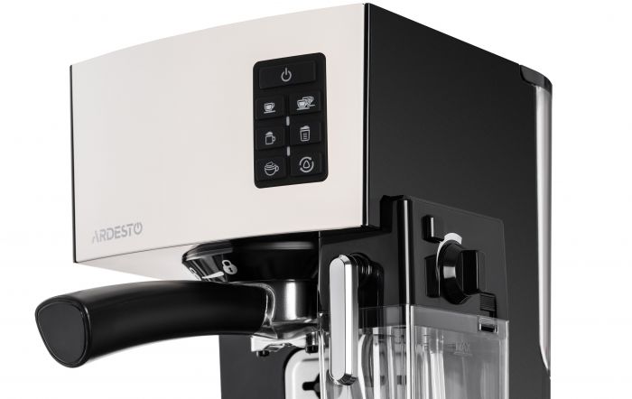 Кавоварка Ardesto ECM-EM14S - 1450Вт/ріжкова/ механіка+електроніка/ резервуар 1,4л/чорний+крем