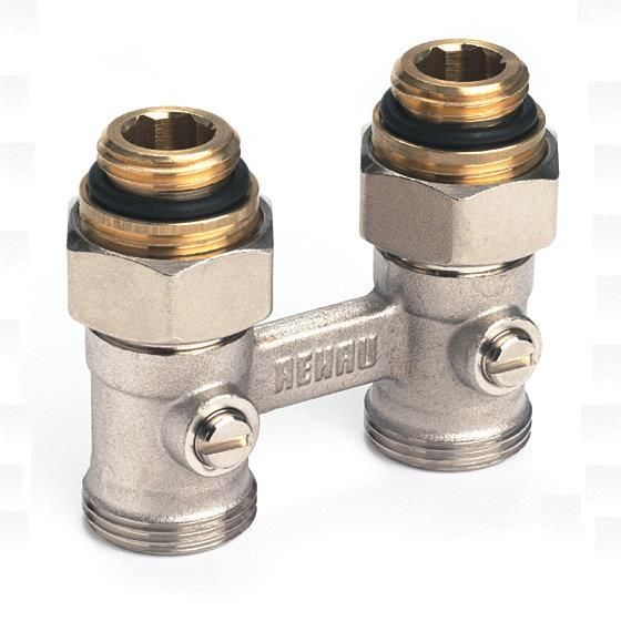 Блок кульових кранів Rehau Rautitan, Н-подібний, вх. 1/2 "-вих. 3/4", прямий, нікель