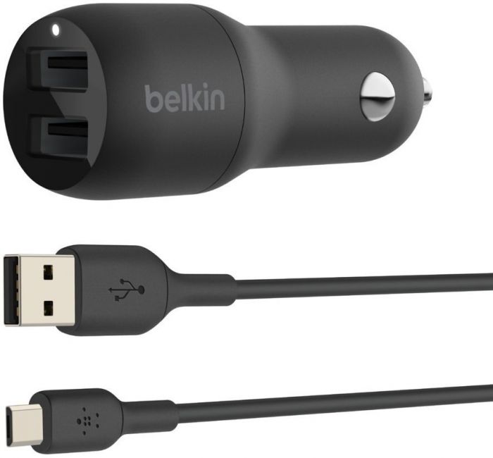 Зарядний пристрій автомобільний Belkin 24Вт 2хUSB-A, кабель USB-A > MicroUSB, 1м, чорний