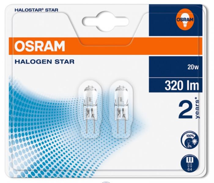 Галогенна лампа OSRAM HALOPIN ECO 20W / 320Lm / 2000K G4 12V (блістер з 2 штук)