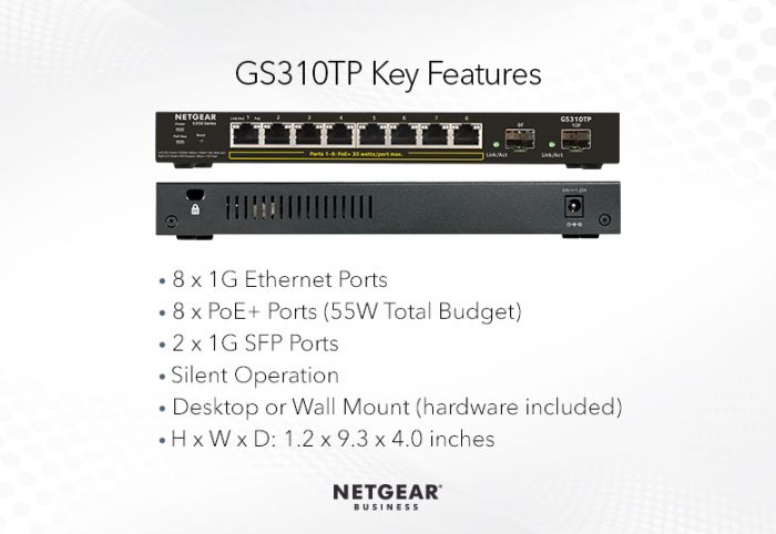 Комутатор NETGEAR GS310TP 8xGE PoE+ (55Вт), 2xGE SFP, керований L2