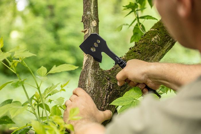 Сокира туристична NEO, 26см, лезо 8см, 3Cr13, ручка з паракорду, нейлоновий чохол, 3 отвори для відкручування гвинтів M10, M13, M16