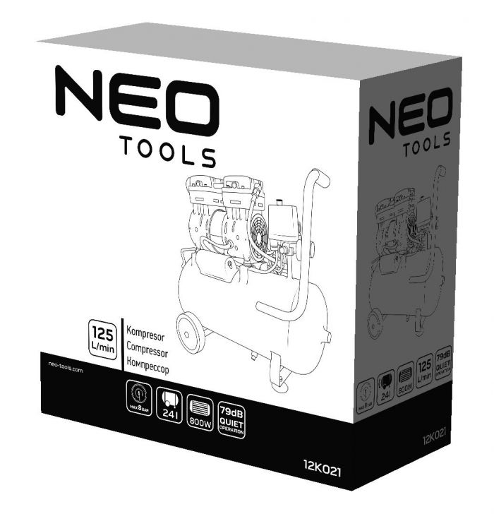 Компресор NEO, безмасляний, 2-х поршневий, 230В, 24л, 8 Бар, 125л/хв, 800Вт, IP20