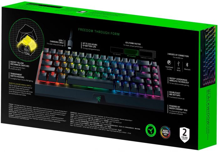 Клавіатура ігрова Razer BlackWidow V3 Mini HyperSpeed Yellow Switch WL/BT/USB RU RGB, Black