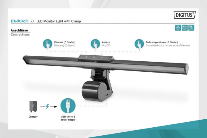 Світильник DIGITUS LED Monitor Light, 5W, 250lm, black