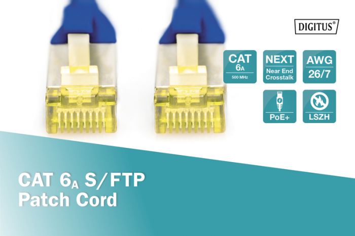 Патч-корд DIGITUS CAT 6a S-FTP, 1м, AWG 26/7 синього кольору