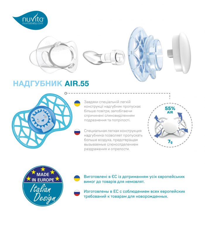 Пустушка Nuvita NV7086 Air55 Explorer ортодонтична 6m+ (кіт, панда) 2шт