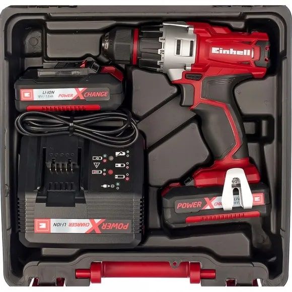 Шуруповерт-дриль Einhell TE-CD 18/2 Li Kit, PXC, акум., 2х18В 1.5Ah, ШЗП, 44Нм, 350/1250 об/хв, 1.25кг
