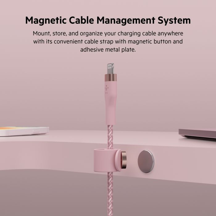 Кабель Belkin USB-A - Lightning плетений, силіконовий, з ремінцем на магніті, 1м, рожевий