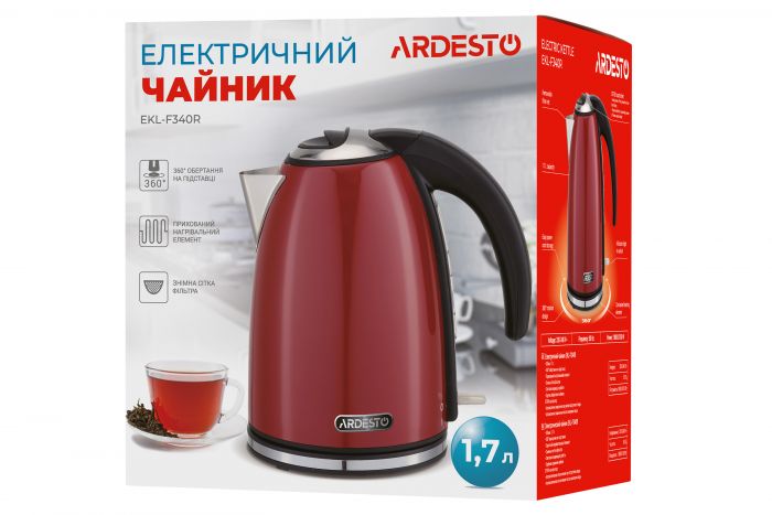 Електрочайник ARDESTO 1.7л, Strix, метал, червоний глянець