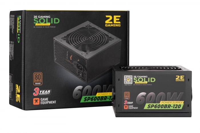 Блок живлення 2E GAMING SOLID POWER  (600W), >85%, 80+ Bronze, 120mm, 1xMB 24pin(20+4), 1xCPU 8pin(4+4), 3xMolex, 6xSATA, 4xPCIe 8pin(6+2)