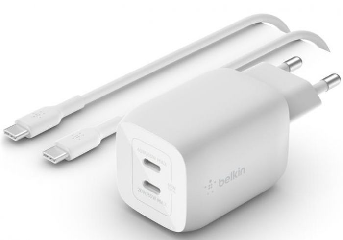 Зарядний пристрій мережевий Belkin 65Вт 2хUSB-С GAN PD PPS, кабель USB-С > USB-C, 2м, білий