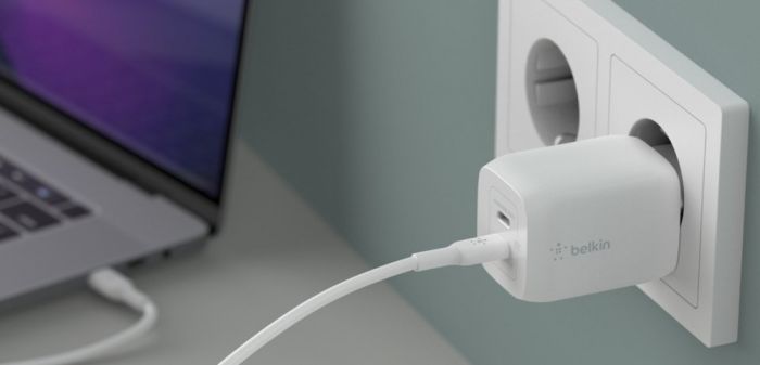 Зарядний пристрій мережевий Belkin 65Вт 2хUSB-С GAN PD PPS, кабель USB-С > USB-C, 2м, білий