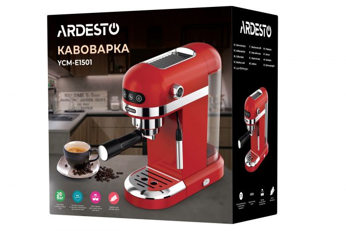 Кавоварка ARDESTO ріжкова 1.4л, мелена, ручний капучинатор, підігрів чашок, червоний
