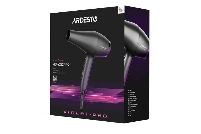 Фен ARDESTO Violet PRO HD-Y222PRO, 1850-2200Вт, 2 швидкості, 3 темп.режима, дифузор, чорний