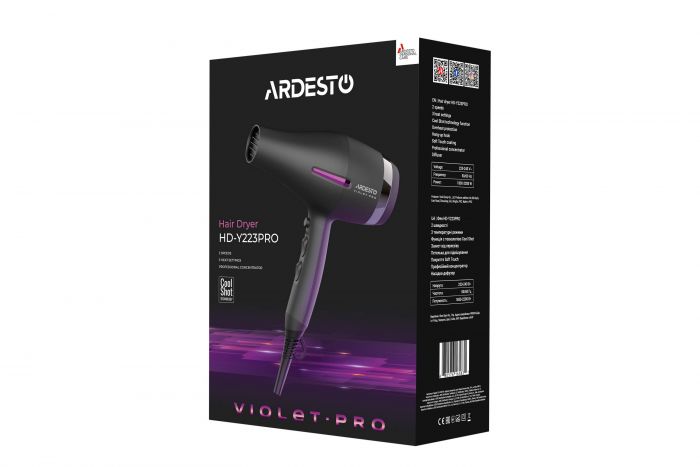 Фен ARDESTO Violet PRO HD-Y223PRO, 1850-2200Вт, 2 швидкості , 3 темп.режими, дифузор, чорний