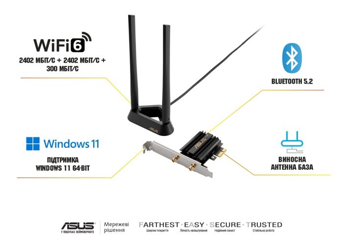 WiFi-адаптер ASUS PCE-AXE59BT Bluetooth 5.2 PCI Express WPA3 OFDMA MU-MIMO