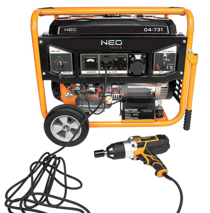 Генератор бензиновий Neo Tools 04-731, 6.0/6.5кВт, 1х12В та 2х230В (16А) та 1x230В(32А), бак 25л, 313г/кВтГ, 85 кг