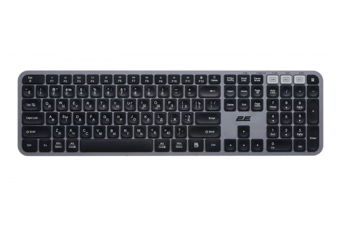 Клавіатура мембранна 2E KS240 110key, WL/BT, EN/UK/RU, сіро-чорний
