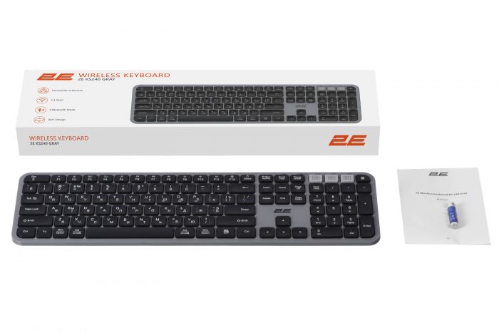 Клавіатура мембранна 2E KS240 110key, WL/BT, EN/UK/RU, сіро-чорний