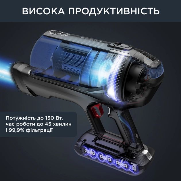 Пилосос Rowenta  безпровідний X-Force Flex 12.60 Auto Aqua , 320Вт, конт пил -0,1л, автон. робота до 45хв, вага-3кг, НЕРА, чорно-синій