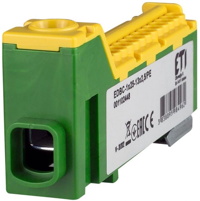 Блок розподільчий ETI EDBC-1x25-13x2,5/PE (63A, 1000V AC/1500V DC, IN: 1x25, OUT: 13x2,5;  жовт.-зел.)