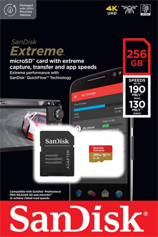 Карта пам'яті SanDisk microSD  256GB C10 UHS-I U3 R190/W130MB/s Extreme V30 + SD