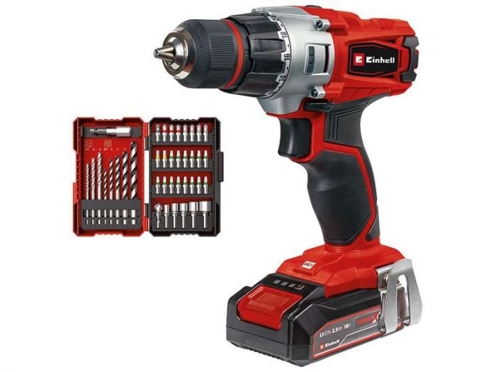 Шуруповерт-дриль Einhell TE-CD 18/2 Li +39, 1x2,5 Ah, PXC, 18В, 2.5 Аг, 44 Нм, набір біт і свердл, кейс, 1.1 кг