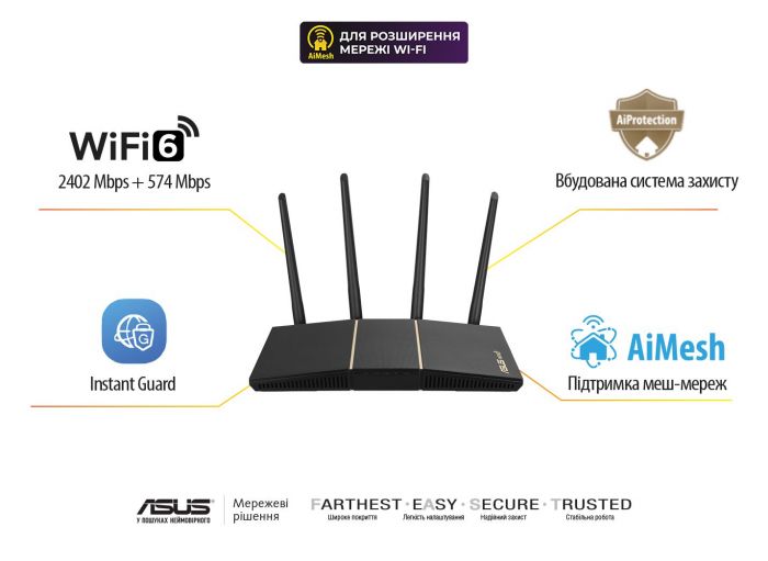 Маршрутизатор ASUS RT-AX57 AX3000 4xGE LAN 1xGE WAN WPA3 MU-MIMO OFDMA MESH