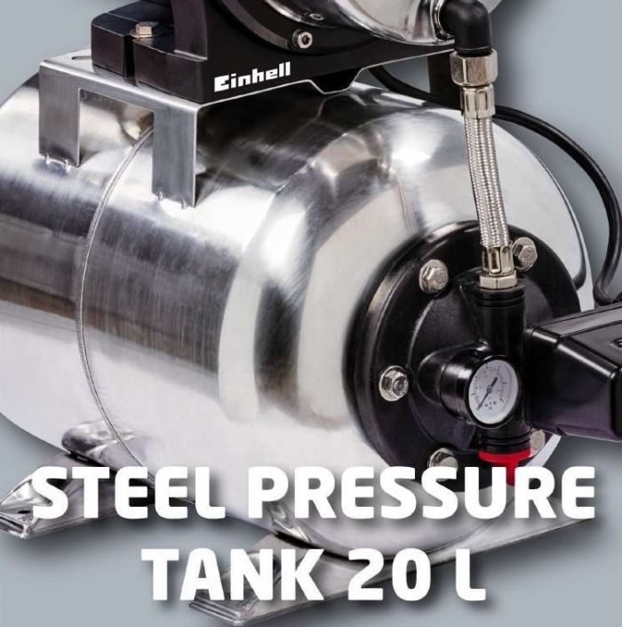 Станція насосна Einhell GC-WW 1250 NN, 1200 Вт, 5000 л/год, бак 20 л, вис. 50 м, глиб. 8 м, нержавіюча сталь, 14.7 кг