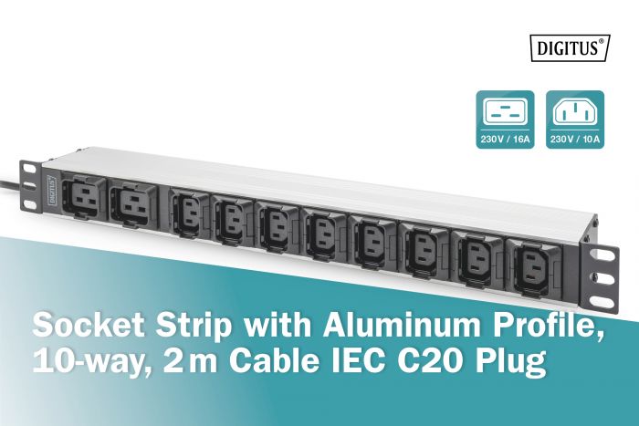 Пристрій розподілу електроживлення DIGITUS 1U, 8xC13, 2xC19, 16A, 250V, вилка C20