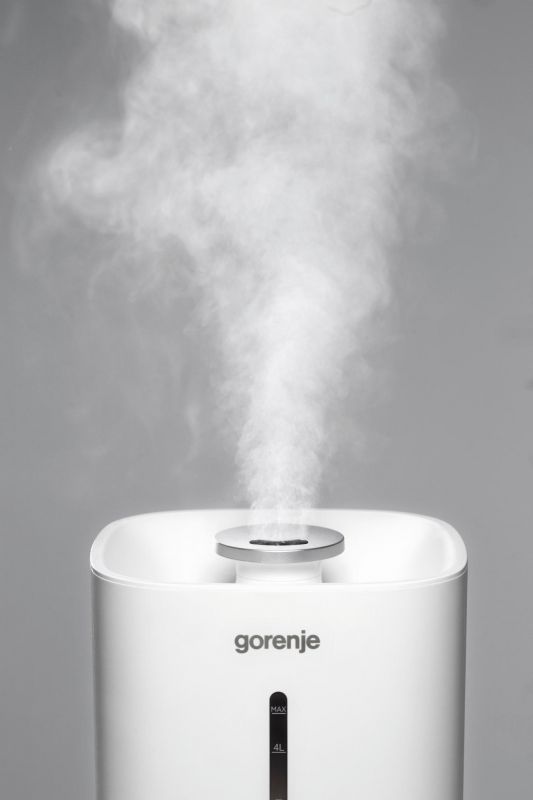 Зволожувач повітря Gorenje ультразвуковий, 20м2, 5л, 500мл/г, електр. кер-ння, верх. залив воды, авт. вимкн, білий