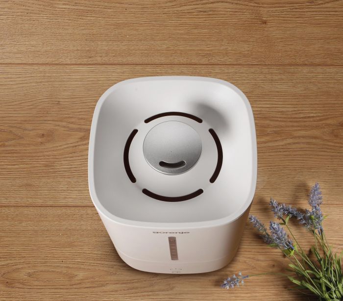 Зволожувач повітря Gorenje ультразвуковий, 20м2, 5л, 500мл/г, електр. кер-ння, верх. залив воды, авт. вимкн, білий