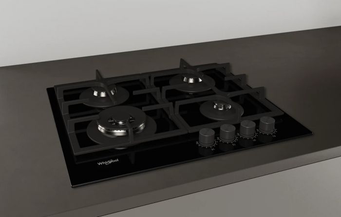 Варильна поверхня Whirlpool газова, 60см, чавун, конфорка з подвійним рядом полум'я, чорний