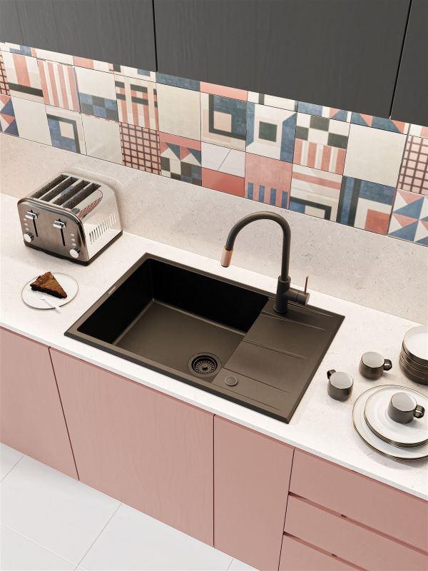 Змішувач для кухні Deante Aster, довж.виливу - 206мм, поворотний, 1+фільтр, чорний-мідь