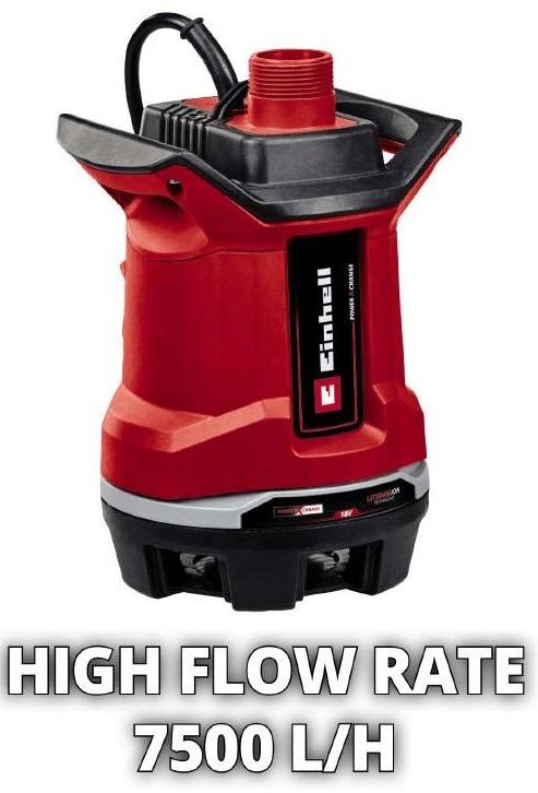 Насос для брудної води акумуляторний EInhell GE-DP 18/25 Li - Solo, PXC, 18В, 7500 л/ч, вис 5м, глиб 4м, до 25мм, 2.8кг (без АКБ і ЗП)