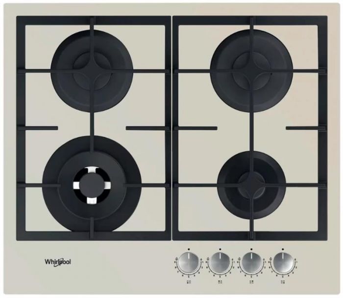 Варильна поверхня Whirlpool газова, 60см, чавун, конфорка з подвійним рядом полум'я, бежевий