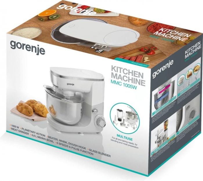 Кухонна машина Gorenje, 1000Вт, чаша-метал, корпус-пластик+метал, насадок-6, білий