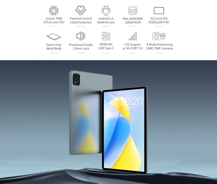 Планшет Teclast P40HD 10.1" 8ГБ, 128ГБ, LTE, 6000мА•год, Android, сірий