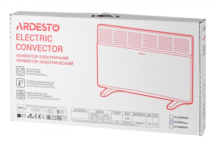 Конвектор електричний ARDESTO CH-2000MCA, 2000 Вт, 20 м2, закритий нагрів. елемент, IP24, мех. керування, антрацит матовий