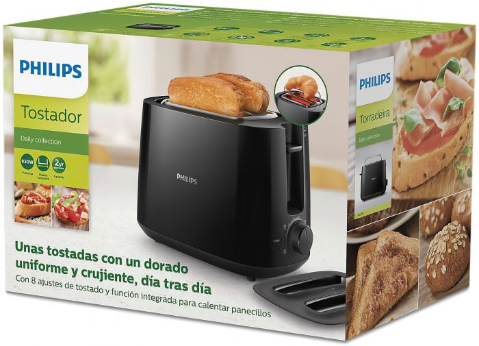 Тостер Philips Daily Collection 830Вт, кришка від пилу, пластик, чорний