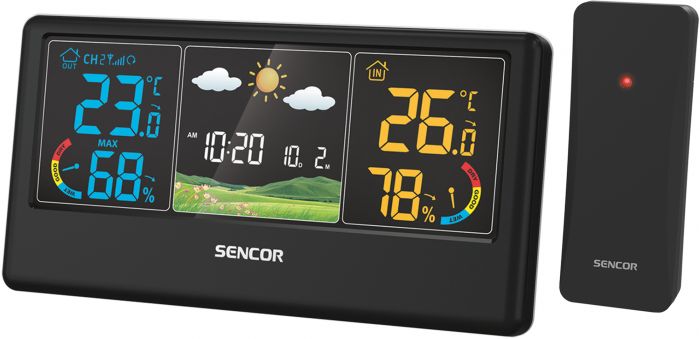 Метеостанція Sencor, внутр/зовн вимірювання, темп-ра, вологість, час, прогноз погоди, чорний